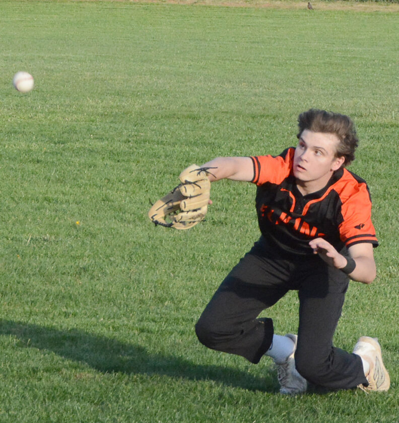 Elkins’ Michael Love makes a diving attempt on a fly ball during Thursday’s game against Grafton at Robin Harvey Memorial Field.
